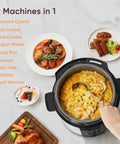 Person using Workhorse All In One 6 Qt Pressure Cooker 1100W Stainless Steel With Ceramic Inner Pot 9 In 1 Multi Cooker with rice dish