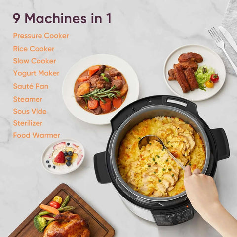 Person using Workhorse All In One 6 Qt Pressure Cooker 1100W Stainless Steel With Ceramic Inner Pot 9 In 1 Multi Cooker with rice dish