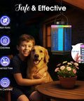 Boy sitting with dog next to Cordless Rechargeable Bug Zapper Outdoor 4 In 1 4200V Electric Mosquito Zapper With 5000mAh Battery IP68 Waterproof Portable Wireless Insect Zapper For Camping Patio hanging on porch at night.