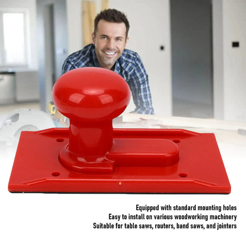 Red Push Block Safety Tool for Table Saw Router Jointer and Bandsaw with ergonomic handle and textured grip on a table