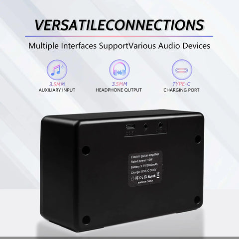 Back view of 10W Wireless Portable Guitar Amp With Type C Rechargeable Battery, showing connections for audio devices.