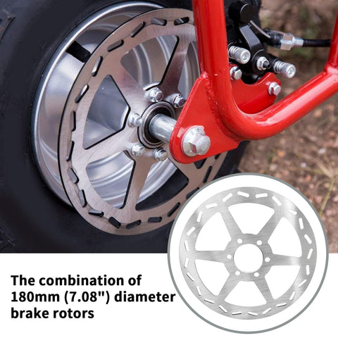 Close-up of Mini Bike Hydraulic Brake Kit 180mm Disc Rotor on wheel, showcasing red caliper arm and rotor details.