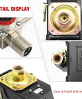 Detail view of Yellow Bottom Air Compressor Pressure Switch Regulator Kit With Gauge 90 To 120 PSI Connector components