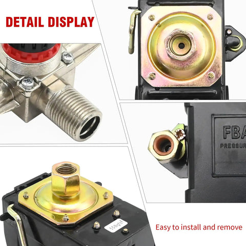 Detail view of Yellow Bottom Air Compressor Pressure Switch Regulator Kit With Gauge 90 To 120 PSI Connector components