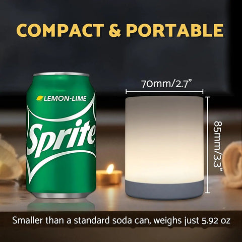 Touch Night Light For Nursery And Bedroom Cordless Battery Powered Dimmable Lamp next to soda can for size comparison