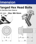 Diagram showing size and dimensions of 15 Pack M6 1.0 x 16mm Flange Bolts Full Thread Serrated Hex Head 304 Stainless Steel