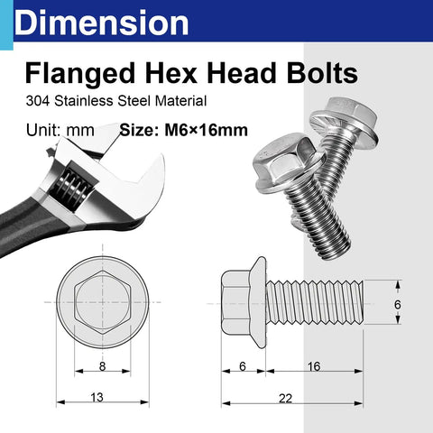 Diagram showing size and dimensions of 15 Pack M6 1.0 x 16mm Flange Bolts Full Thread Serrated Hex Head 304 Stainless Steel