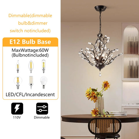 18 Inch Black Crystal Chandelier With 4 Lights, Vintage Branch Pendant Light Fixture, Over Dining Table, E12 Bulb Base