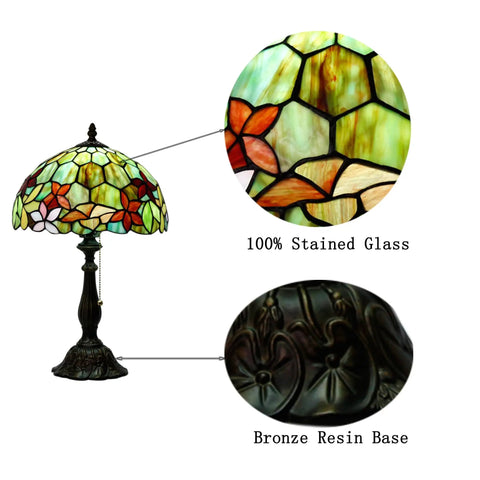 Classic Tiffany Style Table Lamp With Stained Glass Shade, 12 Inch Wide And 19 Inch Tall, Antique Bronze Base, floral pattern