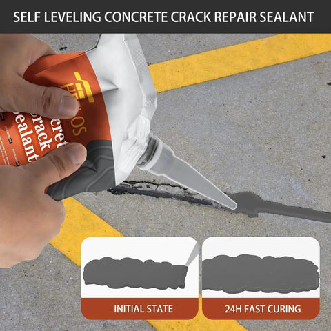 Hand holding tube of Darn Solid Beefy Two Pack Concrete Crack Filler And Heavy Duty Cement Sealant for driveway repair.