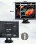 Dimensions of 14-Inch 4:3 Security Monitor With No Image Stretching, Tough Metal Housing, Native 1024x768 Display, rear and display views
