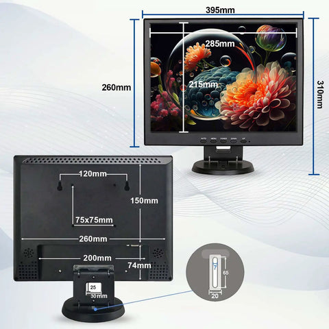 No Image Stretch 15 Inch 4x3 CCTV Monitor For Security Pros With 1024x768 Resolution Sturdy Metal Housing showing dimensions
