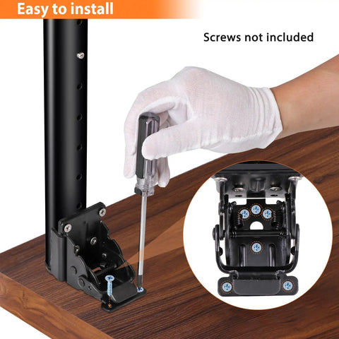 Person installing Heavy Duty Folding Adjustable Table Legs 4 Pack Steel Powder Coated RV Camper Support Frame on wood.
