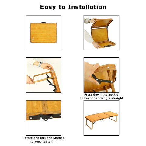 Steps to set up Ultralight Portable Camping Table Foldable Three Folding Beach Table for camping with carry handle and 60 lbs load capacity.