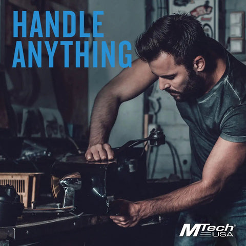 Person working with tool next to 'Handle Anything' text, promoting the Folding Knife With Three Point Seven Five Inch Half Serrated Blade