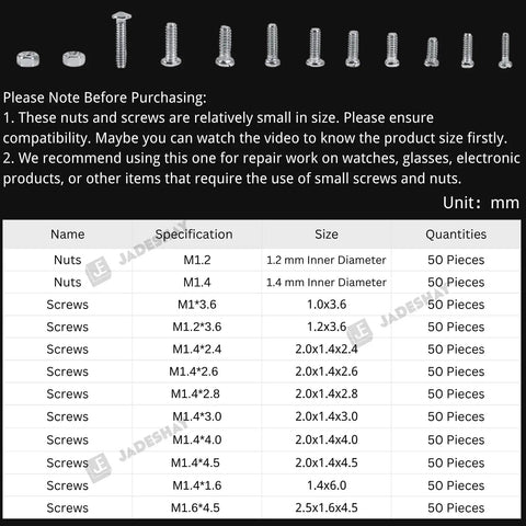 600 Piece Tiny Screws Set For Watches And Glasses, DIY Ready Mini Screw Assortment Kit With Nut Bolt Organizer chart
