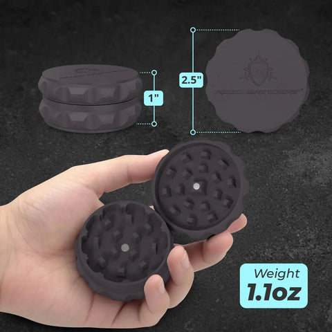 2.5 Inch Spice Grinder, 2 Piece With Strong Grip And Magnetic Lid, compact black herb grinder shown open in hand