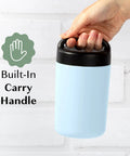 Heavy Duty Double Wall Vacuum Sealed Stainless Steel Food Jar With Rugged Carry Handle Lid Keeps Your Lunch Sizzling Hot All Day Leakproof Grab And Go Sixteen Oz Sky Blue being held by a hand.