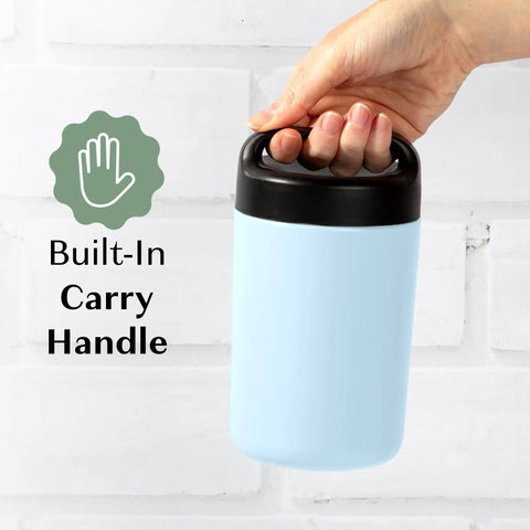 Heavy Duty Double Wall Vacuum Sealed Stainless Steel Food Jar With Rugged Carry Handle Lid Keeps Your Lunch Sizzling Hot All Day Leakproof Grab And Go Sixteen Oz Sky Blue being held by a hand.