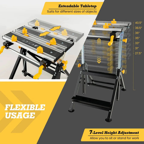 Portable Folding Workbench With Vise And Eight Sliding Clamps Seven Level Height Adjustments Tiltable Extendable Tabletop