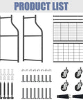 Assembly parts for Wall Mounted Golf Bag Organizer With Rolling Storage Rack including frames, grids, and casters.