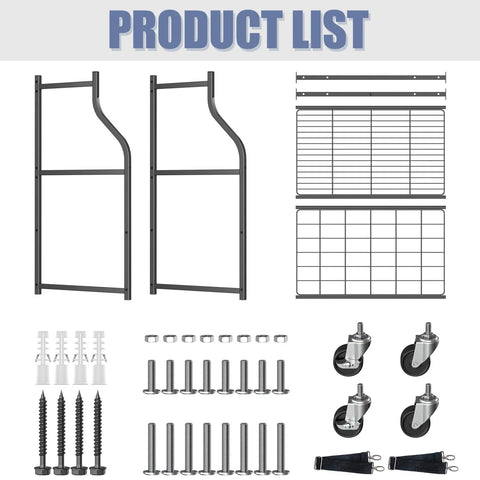 Assembly parts for Wall Mounted Golf Bag Organizer With Rolling Storage Rack including frames, grids, and casters.