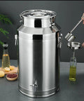 Premium Quality Heavy Gauge Stainless Steel Milk Jug And Oil Tote With No Sweat Cleaning And Rock Solid Seal 76 Liter Silver Dairy Pail for Kitchen Food and Drink Storage with pouring oil.