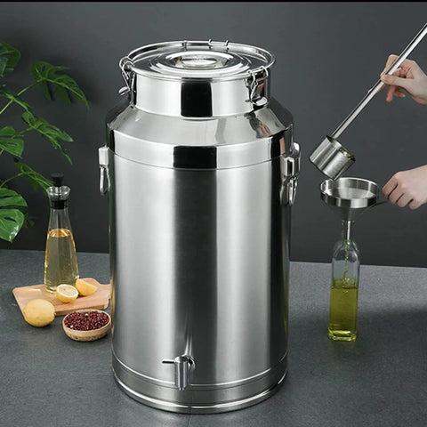 Premium Quality Heavy Gauge Stainless Steel Milk Jug And Oil Tote With No Sweat Cleaning And Rock Solid Seal 76 Liter Silver Dairy Pail for Kitchen Food and Drink Storage with pouring oil.