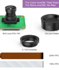 Components of Global Shutter Raspberry Pi Camera Module With IMX296 Mono Sensor, including M12 lens and CS lens holder.