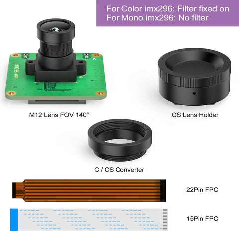 Components of Global Shutter Raspberry Pi Camera Module With IMX296 Mono Sensor, including M12 lens and CS lens holder.