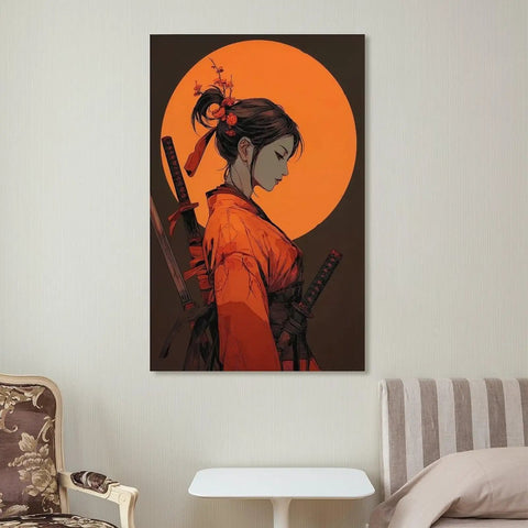 Anime Samurai Girl Sunset Canvas Wall Art Prints Fade Resistant Classical Home Decor For Bedroom Bathroom Living Room Office 12x18 Inch hanging above sofa
