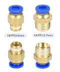 Two brass fittings with blue ends, sizes 1/8 PT 9.6mm and 1/4 PT 12.7mm, for Blue PU Air Hose Tube For Compressors 4mm ID By 6mm OD 10 Meter Length Flexible And Durable Pneumatic Hose With Fitting Kit Oil And Water Resistant Maintains Softness Wide Temperature Range Minus 40 To 176 F 145 PSI Max.