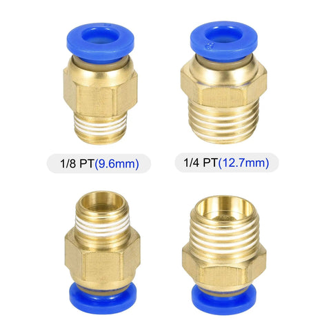 Two brass fittings with blue ends, sizes 1/8 PT 9.6mm and 1/4 PT 12.7mm, for Blue PU Air Hose Tube For Compressors 4mm ID By 6mm OD 10 Meter Length Flexible And Durable Pneumatic Hose With Fitting Kit Oil And Water Resistant Maintains Softness Wide Temperature Range Minus 40 To 176 F 145 PSI Max.