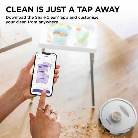 Stratos 2 In 1 Robot Vacuum And Mop with NeverTouch Self Cleaning Base shown near a messy floor with phone app control