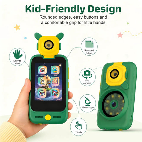 2 In 1 Kids Camera And Microscope Toy With 2.8 Inch Touchscreen, handheld green and yellow kid-friendly design with rounded edges