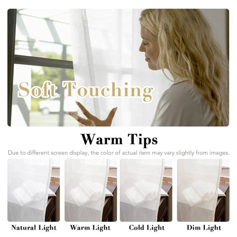 White Linen Sheer Curtains For Living Room Cozy Farmhouse Style Flax Linen Blend Light Filtering Privacy Drapes 52 Wide By 84 Long Set Of 2 Grommet Panels Pure White in different lighting conditions