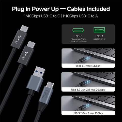 Blazing 40Gbps M.2 NVMe SSD Enclosure With Active Cooling Fly Through Massive Files With USB cables for fast connectivity.