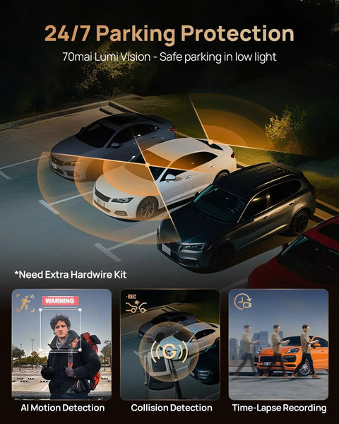 Triple Channel 4K Dash Cam showing parking protection with AI motion, collision detection, time-lapse, and STARVIS 2 night vision.