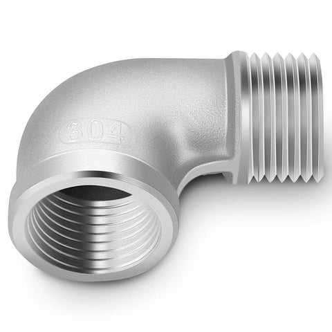 Close-up of a Five Pack 304 Stainless Steel 1 Inch NPT Male to 1 Inch NPT Female 90 Degree Pipe Elbow Fitting