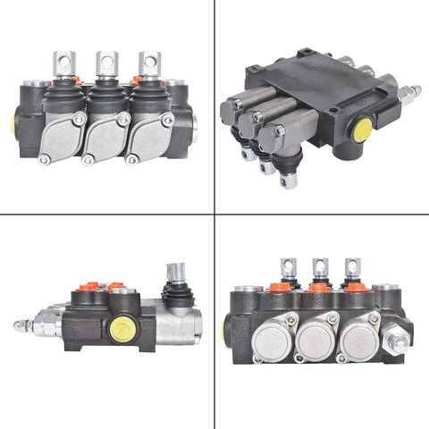 Four views of a Three Spool Hydraulic Valve With 13GPM Flow And 3600PSI Rating, Directional Control Valve With SAE Ports