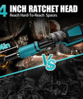 Mechanic using 21V Cordless Ratchet Wrench Kit With 60 Ft Lbs Torque, 400 RPM, in tight engine space, focusing on 4-inch head.