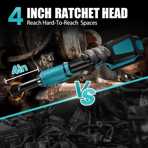 Mechanic using 21V Cordless Ratchet Wrench Kit With 60 Ft Lbs Torque, 400 RPM, in tight engine space, focusing on 4-inch head.