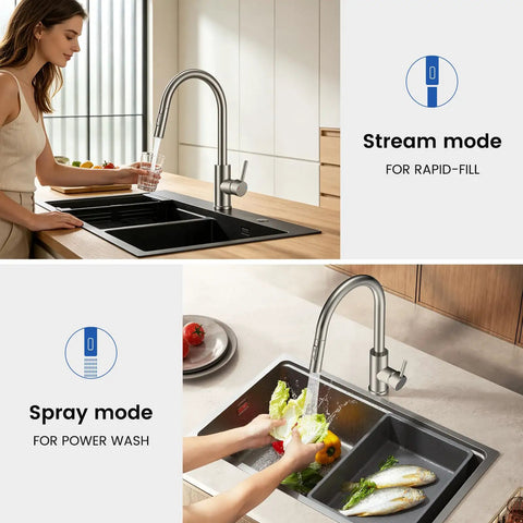 Rock Solid Kitchen Faucet With Smooth Pull Down Sprayer In Clean Brushed Nickel Finish demonstrating stream and spray modes at a kitchen sink.