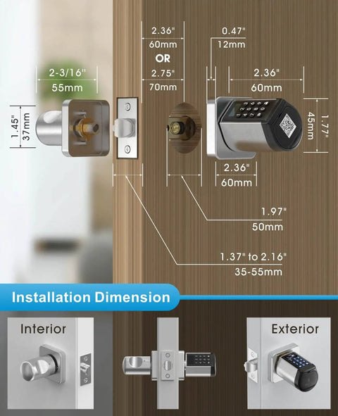 Installation dimensions of keyless entry smart door lock with Bluetooth and app control no keys needed, keypad, RFID card