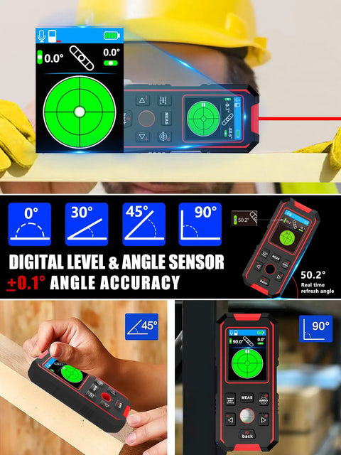 All In One Wall Scanner And Laser Rangefinder Pro Tool showing angle measurement on digital display with worker in background