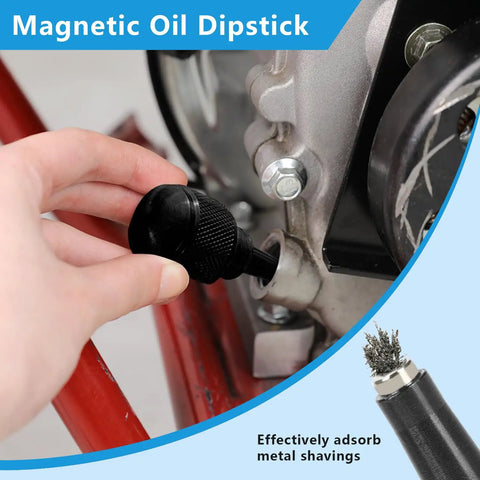Hand inserting magnetic oil dipstick into engine, showing metal shavings collected.