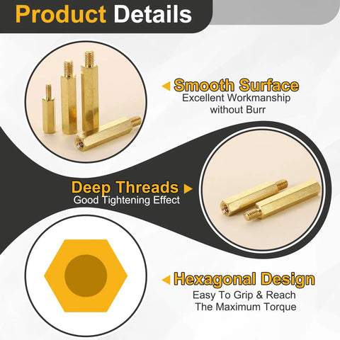 Heavy Duty Brass Hex Standoff Screw Set Providing A Slick Male To Female Thread Structure Crafted For Drone Quads Computers And Motherboards showing smooth brass with deep threads.