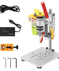 Compact Benchtop Drill Press For Home Crafts And Jewelry Making, Ultra Quiet 7 Speed Drill With B10 Chuck shown with accessories