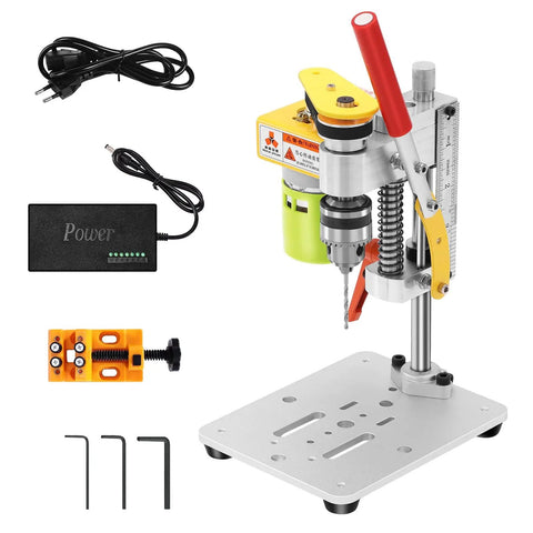 Compact Benchtop Drill Press For Home Crafts And Jewelry Making, Ultra Quiet 7 Speed Drill With B10 Chuck shown with accessories