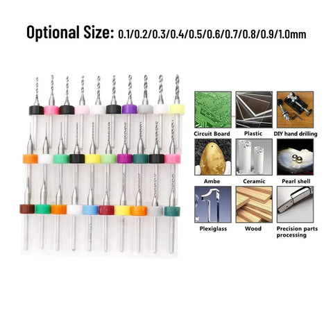 10 Piece PCB Drill Bit Set Carbide Steel Micro Bits 0.7mm Shank For Circuit Boards Mini Drill Kit with optional sizes.